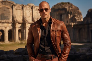 Obraz premium Portrait of a tender man in his 40s sporting a stylish leather blazer against a backdrop of ancient ruins. AI Generation