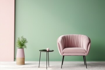 Interior with a soft green armchair on a pink wall background. 3D illustration, 3d render. generative ai.