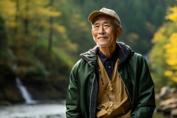 Portrait of a content asian man in his 70s sporting a stylish varsity jacket against a tranquil forest stream. AI Generation