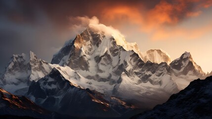 Panoramic view of the Himalaya mountain range at sunset, Nepal