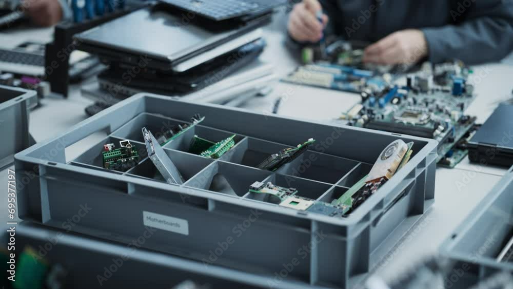 Poster close up shot of box with motherboards from old laptops that are being disassembled by electronics f