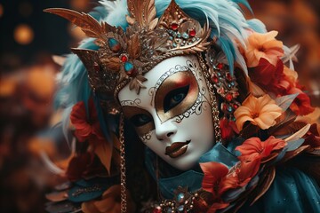 Beautiful Young Woman in Mysterious Venetian Mask - Elegant Fashion Close-up Portrait