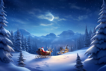 Santa brings gifts on a winter snowy evening. Santa rides on a sleigh with reindeer. Concept: to celebrate Christmas. 