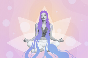 Banner collage of young beautiful woman with long hair sitting in lotus pose asana meditative mind therapy isolated on drawn background
