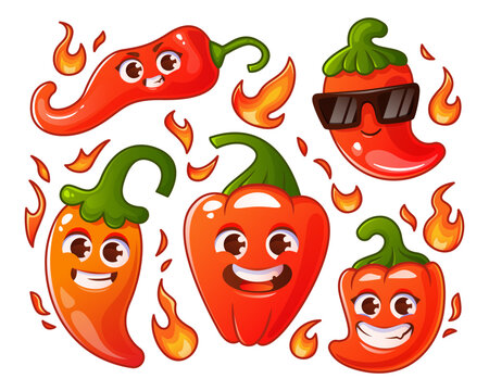 Set of smiling cartoon red pepper characters on a white background.