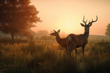 Fototapeta na wymiar deer with antlers and small bambi fawn at sunset in meadow near forest. AI generated.