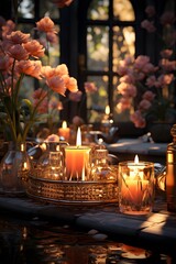 Wedding table decoration with candles and flowers in the garden.