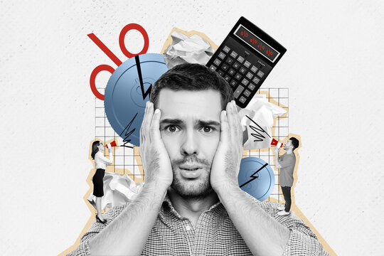 Collage illustration creative picture poster stressed panic businessman guy touch face scared problems challenges tasks management pressure