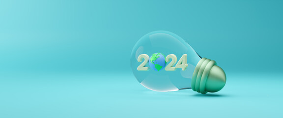 2024 Sustainable development concept, renewable energy business, Green energy and eco friendly, environmental balance in business, ESG. Ecology and environment concept. Happy new year 2024. 3d render - obrazy, fototapety, plakaty