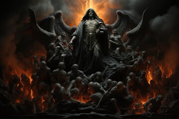 Satan is in hell. Religious demon. Devil's fire. The afterlife of sinners. AI generated. - obrazy, fototapety, plakaty