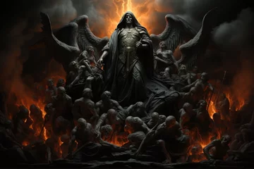 Fotobehang Satan is in hell. Religious demon. Devil's fire. The afterlife of sinners. AI generated. © Serhii