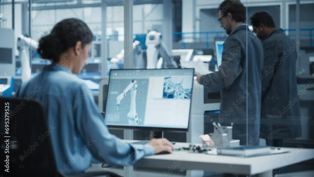 Poster Hispanic Female Automation Engineer Using Desktop Computer to Control Automated Production With Robotic Arms On Electronics Factory, While Indian Assembly Line Worker Using Solder Jet Printer.