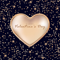 Square dark blue card for Valentine's Day with a voluminous beige heart framed in gold, gold sparkles and stars.