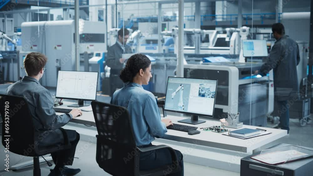 Poster Caucasian Male Programmer And Hispanic Female Assembly Line Operator Using Desktop Computers At Modern Factory With Robotic Arms. Diverse Colleagues Working On the Production Of High-Tech Devices.