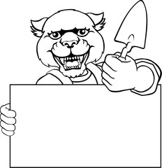 A bricklayer panther handyman cartoon construction mascot character holding a trowel tool