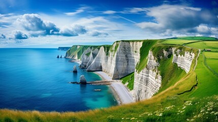 boat on the sea, Picturesque panoramic landscape on the cliffs - obrazy, fototapety, plakaty