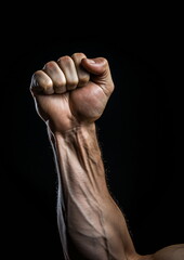 Strong male fist isolated on black background photo