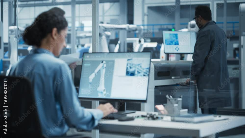 Poster Hispanic Female Automation Engineer Using Desktop Computer to Control Automated Production With Robotic Arms On Modern Electronics Factory, While Indian Assembly Line Worker Using Solder Jet Printer.