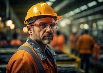 Fototapeta premium A modern large factory with containers in the background, one worker with a hard hat on their head with his arms folded confidently looking at us and smiling