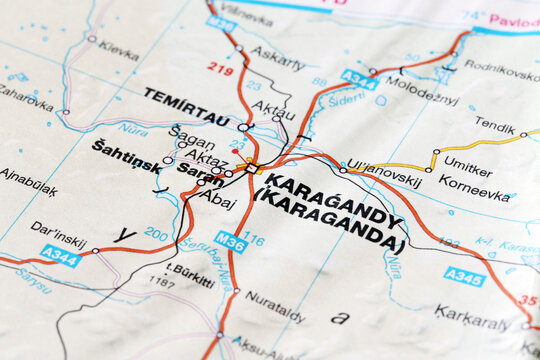Karaganda, Kazakhstan - December 19, 2023: Karaganda city road map. Closeup macro view