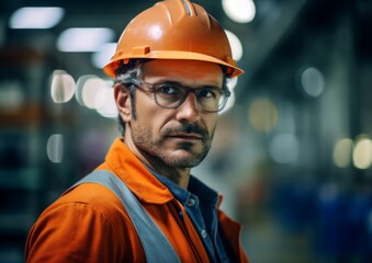 A modern large factory with containers in the background, one worker with a hard hat on their head with his arms folded confidently looking at us and smiling