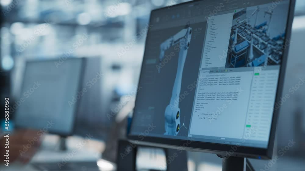 Aufkleber Close Up On Screen Of Desktop Computer With Automation Software For Autonomous Assembly Line At Modern Factory With Robotic Arms. Anonymous Workers Pointing At Display, Adjusting Production Process.