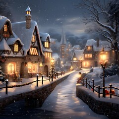 Winter night in the village. Beautiful winter landscape. Digital painting.