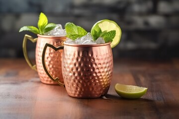 Cold Moscow Mules cocktail with ginger beer, vodka, lime and mint. wooden background