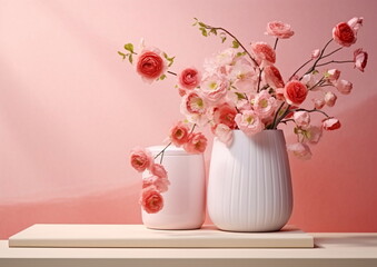 Pink flowers are arranged on the table in vases