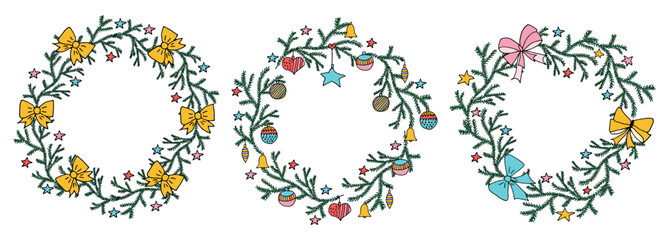 Beautiful wreathes from branches of spruce tree  with christmas toys,  bows and stars in hand drawn style. Set. Vector illustration