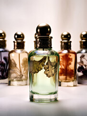 bottles of different perfumes with petals inside. Perfume glass bottle. vertical orientation