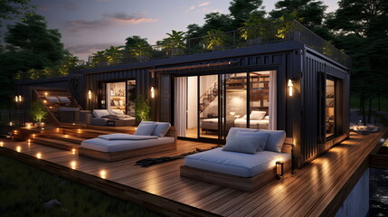Luxury 3d container houses with deck, ready for sale - obrazy, fototapety, plakaty