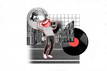 Horizontal psychedelic photo collage of young guy carry boombox listen music dance on street...