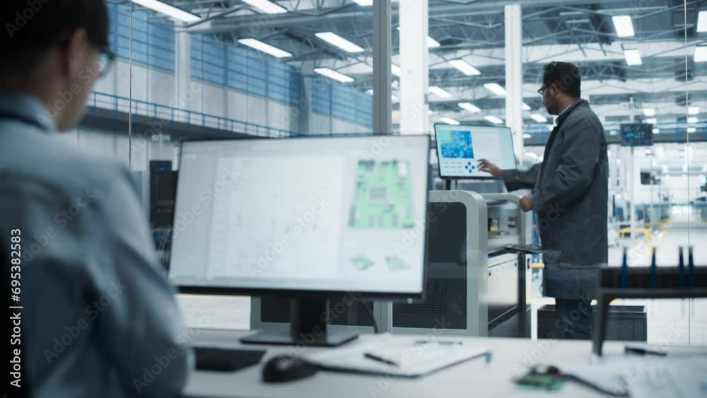 Leinwandbilder asian male industrial engineer working on desktop computer with microchip blueprint at electronics f