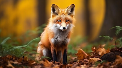 Naklejka na ściany i meble Cute Red Fox, Vulpes vulpes in fall forest. Beautiful animal in the nature habitat. generative ai