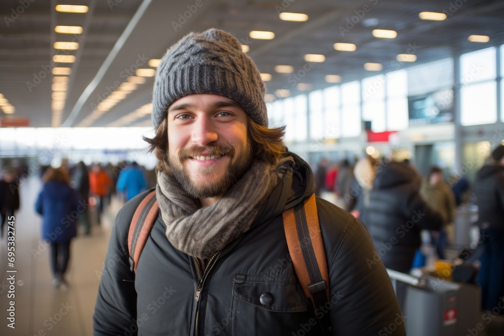 Wall mural Portrait of a cheerful man in his 30s donning a warm wool beanie against a bustling airport terminal. AI Generation