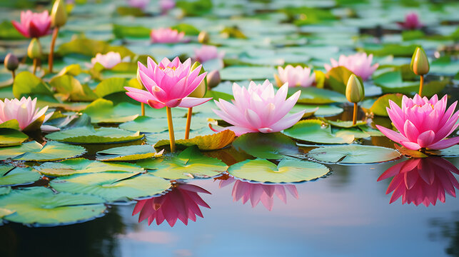 Beautiful unusual water lilies pink lotus blossomed on the lake 
