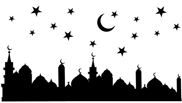 Eid Mubarak night mosque silhouette Arabian city black silhouette