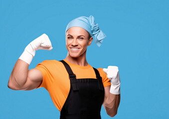 Woman in maid costume showing the muscles in gloves