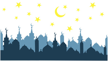 Naklejka premium Eid Mubarak night mosque silhouette Arabian city black silhouette