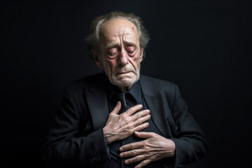 An elderly man in a suit holds his heart area with his hands while experiencing pain from a burning heart