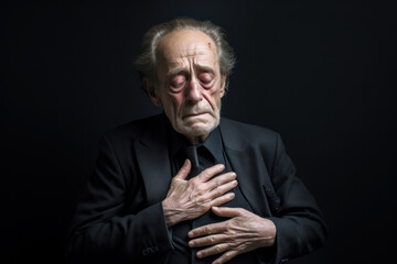 Obraz premium An elderly man in a suit holds his heart area with his hands while experiencing pain from a burning heart