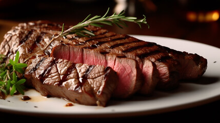 Delicious sliced juicy beef ribeye fillet mignon steak isolated. for poster or menu. Generative AI
