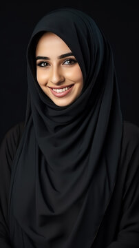 Portrait Happy muslim girl in traditional clothes. Beautiful woman wearing hijab smiling. Vertical.