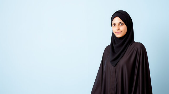 Portrait Happy muslim girl in traditional clothes. Beautiful woman wearing hijab smiling. On blue background.