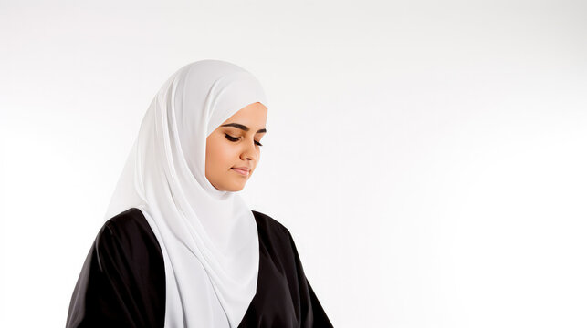 Portrait Happy muslim girl in traditional clothes. Beautiful woman wearing hijab smiling. On white background.