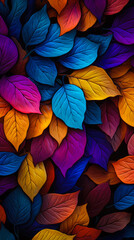 Colorful leaves spread out in large groups on black background, neon and fluorescent style. Vertical.