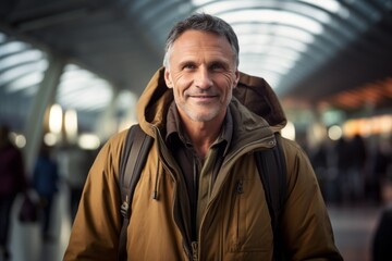 Portrait of a blissful man in his 50s wearing a windproof softshell against a bustling airport...