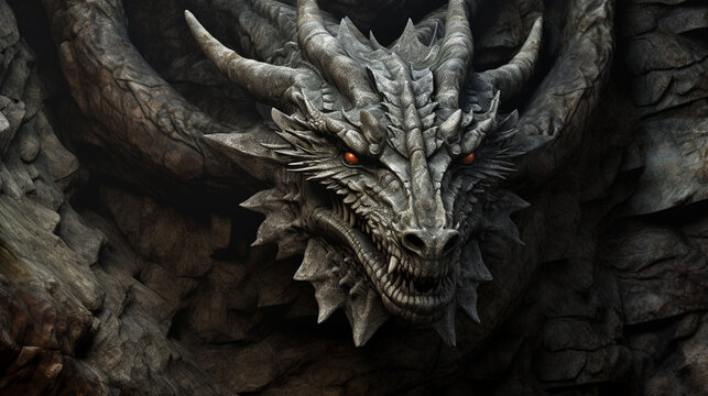 Dark dragon in stone background. Fantasy dragon stands on the top of the mountain. Generative AI