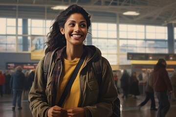 Portrait of a cheerful indian woman in her 20s sporting a long-sleeved thermal undershirt against a bustling airport terminal. AI Generation - obrazy, fototapety, plakaty